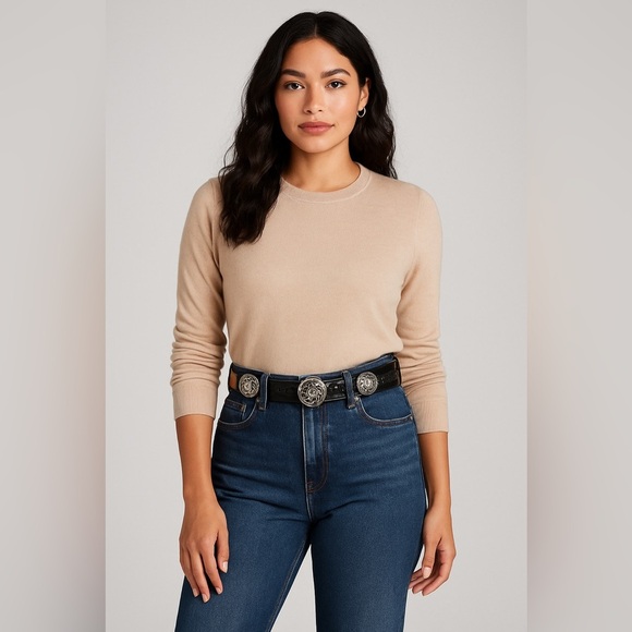 Brighton Accessories - Brighton black leather Concho  braided belt, Slver Rose rhinestone hardware.